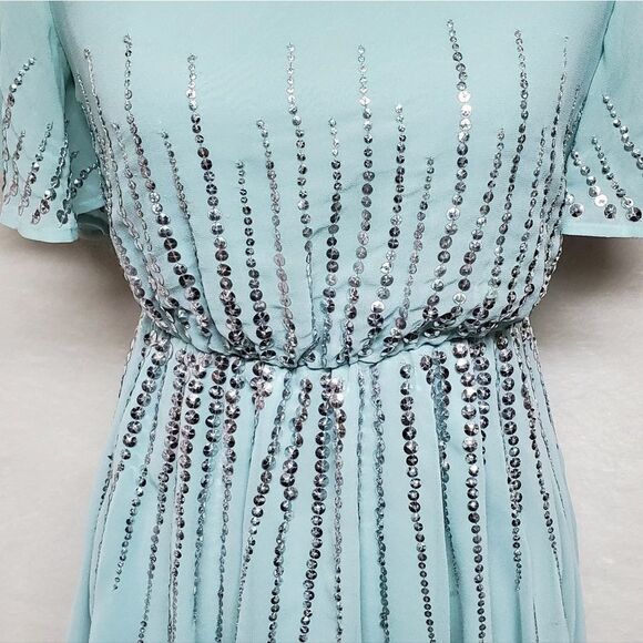 ASOS Sage Green Chiffon Sequin Flutter Sleeve Keyhole A-line Formal Dress 2 - Picture 7 of 16